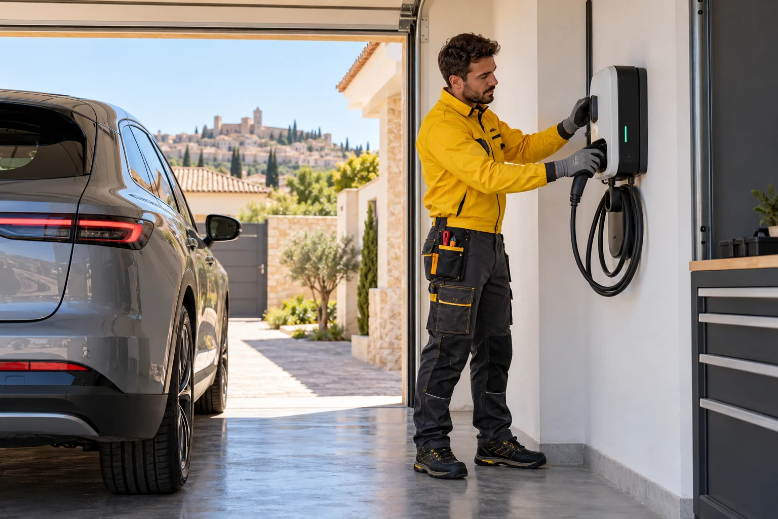 Profesional con uniforme amarillo: cargadores de vehículos eléctricos
