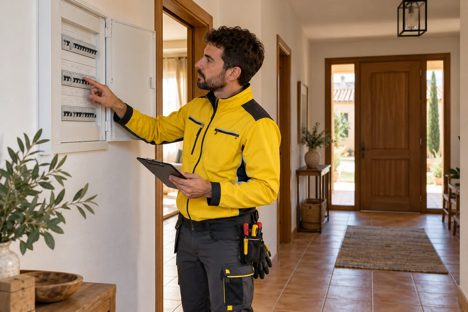 Profesional con uniforme amarillo: cuadros eléctricos