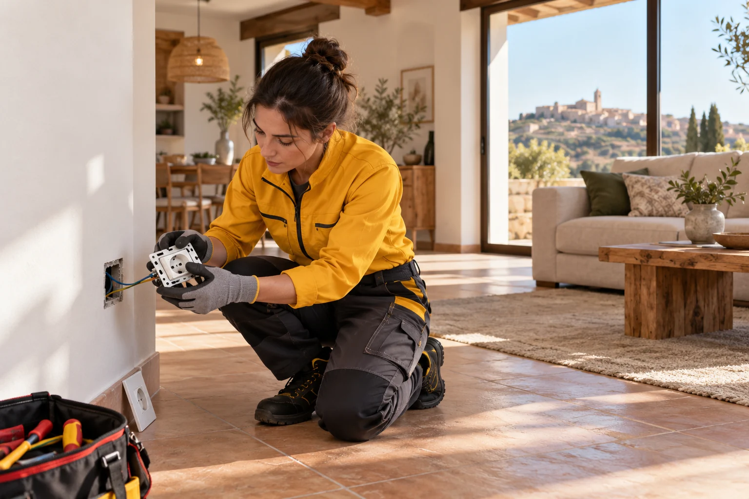 Profesional con uniforme amarillo: enchufes e interruptores