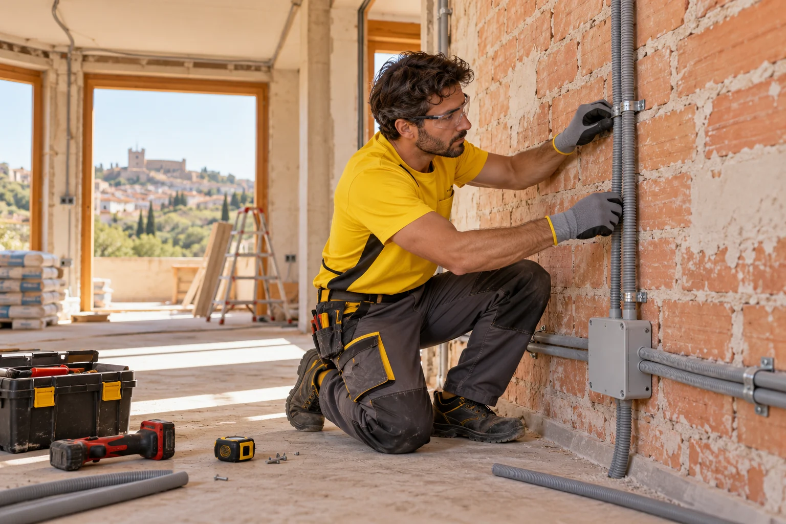 Profesional con uniforme amarillo: instalaciones eléctricas