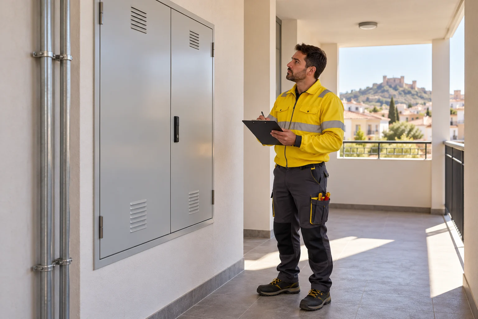 Profesional con uniforme amarillo: mantenimiento eléctrico